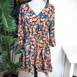 Xhiliration Floral Faux Wrap V Ruffle Dress XL